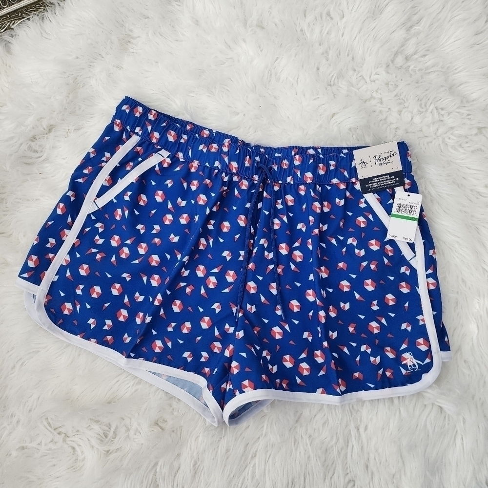 Original Penguin Blue Athletic Shorts with White & Red Geometric Print